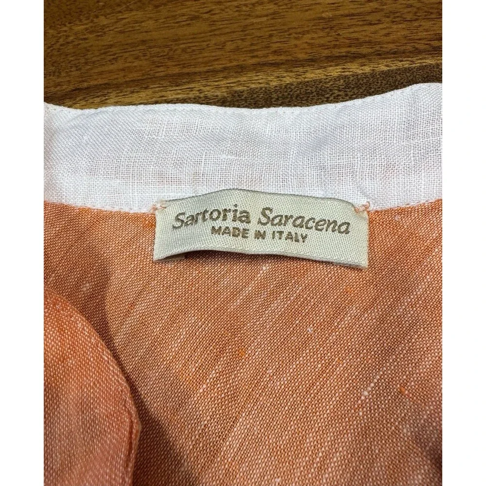 Sartoria Saracena Italy Women 100% Linen V Neck Blouse Orange Coastal Resort Top